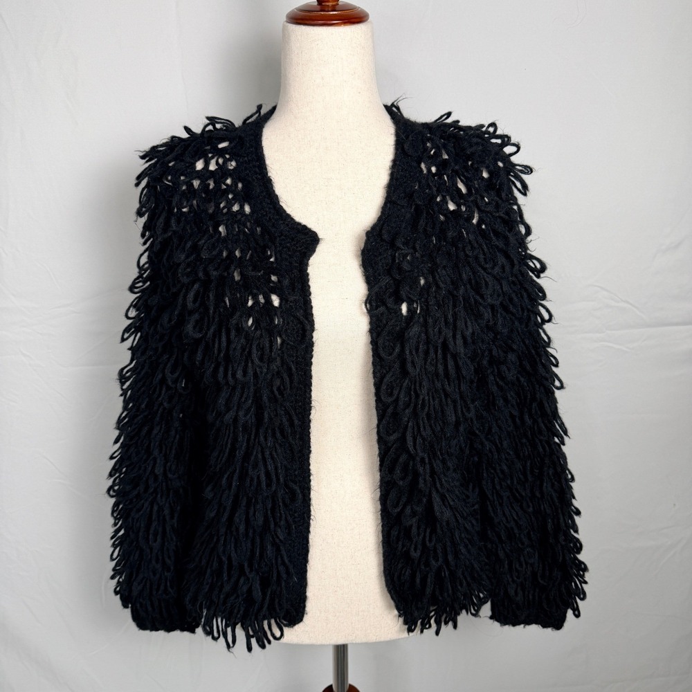 Handmade Black Shaggy Loop Knit Cardigan Retro Open Front Fringe Sweater Jacket
